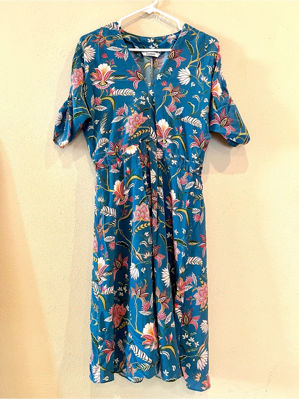Tucker Teal Floral Midi Dress with V-Neck